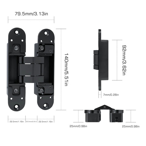 Matte Black Concealed Hinges Two Pack 180 Degree Adjustable Hidden Door Hinges with measurements for secret doors and cabinets.