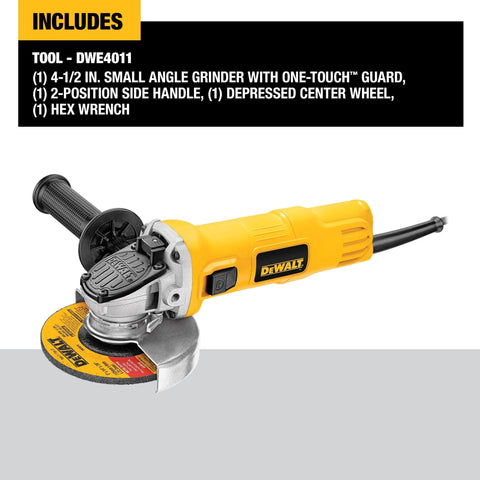 Side view of DEWALT 4-1/2-inch angle grinder with one-touch guard, yellow and black