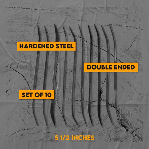 Top view of Riffler File Set 10 Piece Precision Double Ended Metal Hand Files for dope detailing, laid out on textured surface.