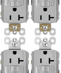 Heavy Duty GFCI Self Test Outlet 20 Amp Tamper Resistant Decorator Duplex Receptacle With Bright Trip Indicator Fast Wiring No Sweat Install Light Gray Finish Pack Of 4 displayed from the front showing four identical units in a grid layout.