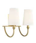 Cameron Modern Farmhouse White Fabric Vanity Wall Light 2-Light Fixture For Bathroom in warm brass finish, side view