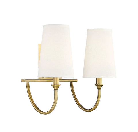 Cameron Modern Farmhouse White Fabric Vanity Wall Light 2-Light Fixture For Bathroom in warm brass finish, side view