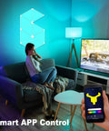 Woman in living room controlling Nine Pack RGB Triangle Wall Light Panels with app, Tuya Smart Smart Life integration visible.