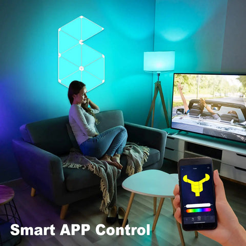 Woman in living room controlling Nine Pack RGB Triangle Wall Light Panels with app, Tuya Smart Smart Life integration visible.