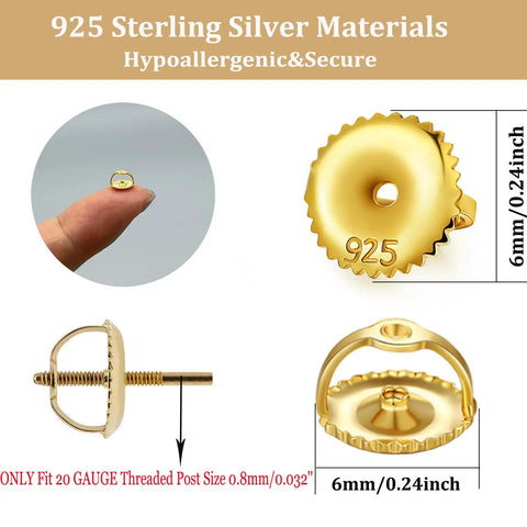 Gold Screw On Earring Backs For 20 Gauge Threaded Posts, 14K Gold Plated Sterling Silver, Hypoallergenic Secure Replacements For Diamond Stud Earrings, Fits.032 In Posts, Includes 2 Pairs; 925 6mm back shown