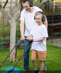 Adults and kids wearing ultra comfy noise cancelling ear muffs while mowing lawn, 31dB hearing protection for loud events