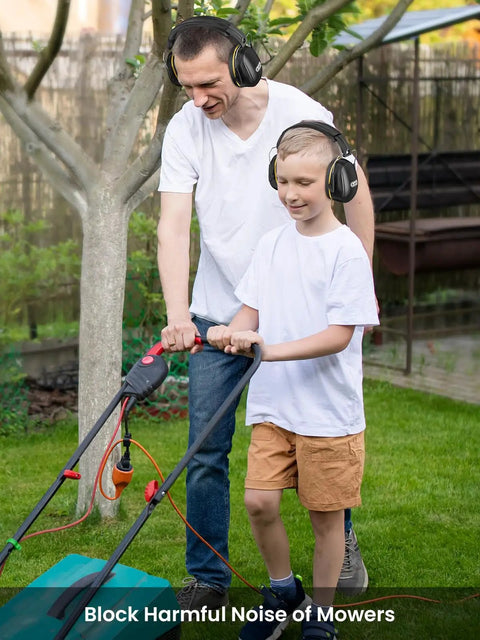 Adults and kids wearing ultra comfy noise cancelling ear muffs while mowing lawn, 31dB hearing protection for loud events