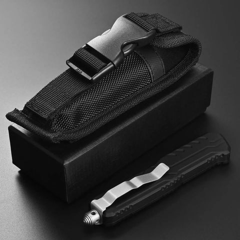 Outdoor Pocket Knife for Camping and EDC 9 Inch Overall Length 3.6 Inch Blade 440C Stainless Steel with sheath on black surface.