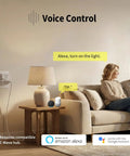 Z Wave 800 Series Smart Power Plug With Energy Monitoring And Power Meter with voice control capability in a living room setting.