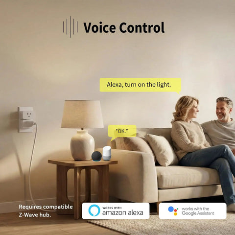 Z Wave 800 Series Smart Power Plug With Energy Monitoring And Power Meter with voice control capability in a living room setting.