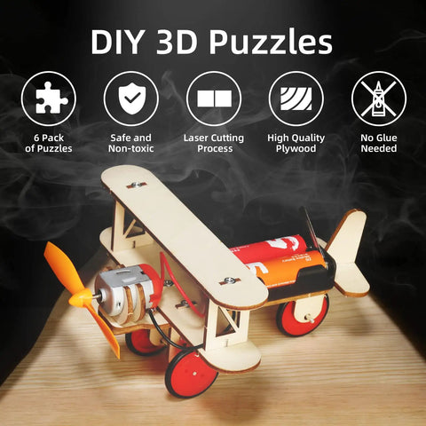 Wooden STEM Kits For Kids Aged 8 To 12 Six Build Your Own Car And Science Projects Pack with DIY 3D biplane model on display