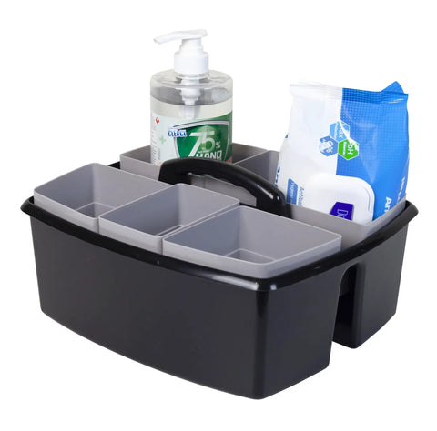 Two Compartment Large Cleaning Caddy With Easy Carry Handle For Multipurpose Storage Of Cleaning Sprays Cloths And Tools Durable Lightweight Black Plastic Grab And Go Ready For Home Office Garage And Busy Kitchens