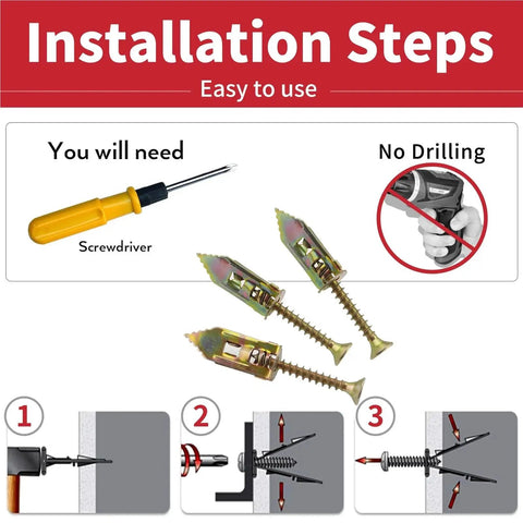 Drywall Anchor Screws Kit 200 Pieces Integrated Drill Tip Mounting Hardware for TV Shelves Cabinets and Curtains Easy Install Galvanized Wall Fixings for Picture Hanging Furniture and Home Decor, installation steps graphic