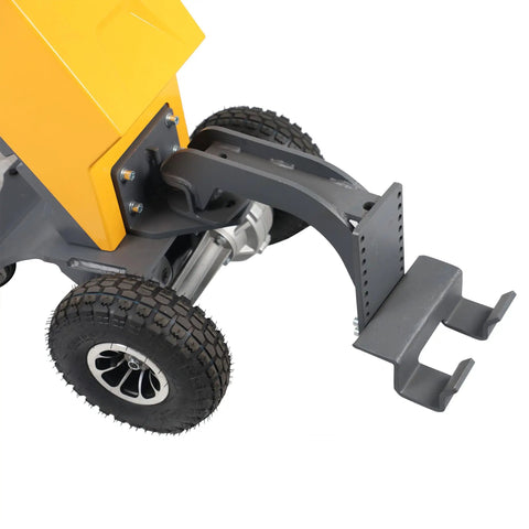 Apollo Full Electric Tugger Walkie Tractor With A Rock Solid 2200 Pound Capacity To Haul Trailers Dumpsters And Garbage Cans Effortlessly In Airports Or Workshops Without Breaking Your Back. Close-up of the towing mechanism and tire.