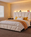 Queen Bed Frame With Smart Led Lights And Dual Usb Ports App Remote Music Sync And Custom Timer For A Lowkey Dreamy Bedroom Setup Solid Noise Free Platform In Cozy Beige with velvet headboard and warm lighting