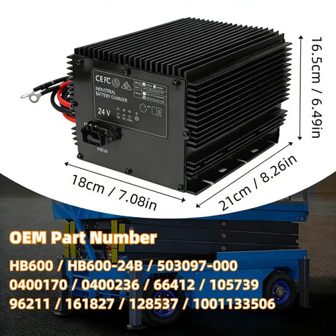 Jobsite Ready Hb600 24V 25A Scissor Lift Battery Charger Replacement for Genie Skyjack Jlg Lifts with detailed specifications.