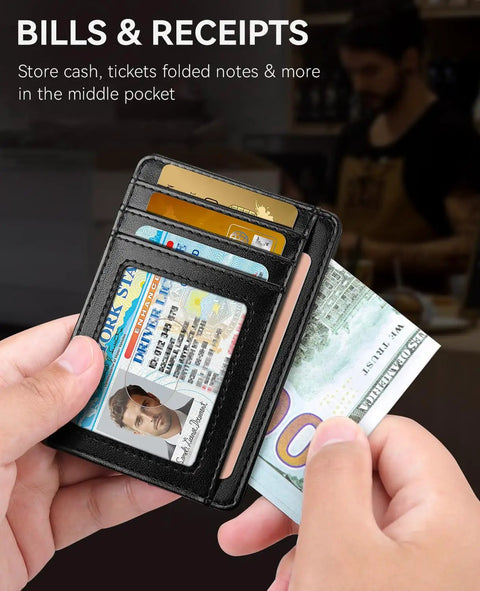 Hands holding Ultra Slim Front Pocket Wallet With RFID Blocking Leather Card Holder For Men And Women Nine Card Slots Minimalist Design Lightweight Black Everyday Carry, displaying ID and cash storage.