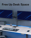 Zero Hassle Dual Monitor Mount For 17 To 32 Inch Screens With Slick Mechanical Spring Arms Full Tilt Swivel And Rotation Heavy Duty Vesa Desk Stand Featuring Quick C Clamp Or Grommet Hookup Top Shelf Black rig mounted on a desk with two monitors, freeing up workspace.