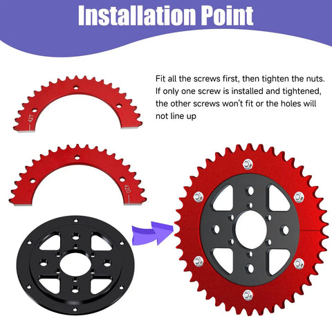 Installation guide for 420 Chain Sprocket 42 Tooth Mini Bike Sprocket Hub Adapter Replacement with split red and black design.