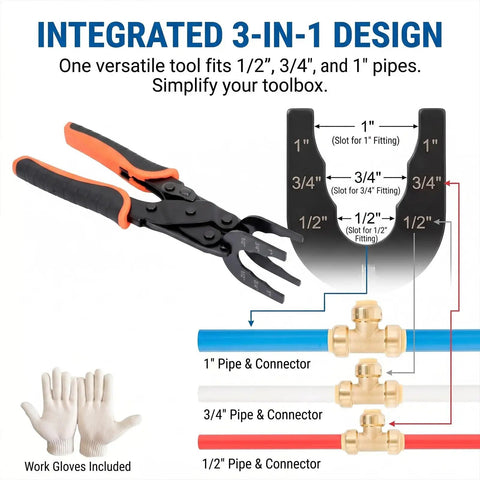 Push-In Clamp Pliers For PEX Pipe 1/2 3/4 1 Inch Quick Release Brass Fittings Removal Tongs Universal Plumbing Water Line Connector Spanner No Sweat Maintenance For Pro Fixes with integrated 3-in-1 design