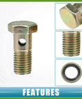 Close-up of Banjo Bolt Kit M12x1.5 10mm Hose Barb Fittings with Copper Washers for brake lines, showing detailed features.