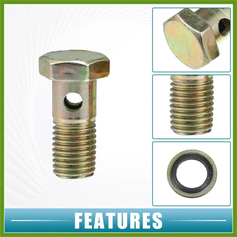 Close-up of Banjo Bolt Kit M12x1.5 10mm Hose Barb Fittings with Copper Washers for brake lines, showing detailed features.
