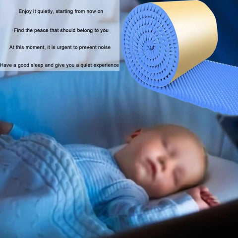 7cm Self-Adhesive Acoustic Foam Panel, High-Density Sound Absorbing Wall Padding, 1 x 50m for Recording Studio, Office & Home Theater, Blue with a sleeping baby.