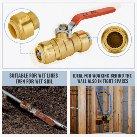 Three Quarter Inch Push To Connect Ball Valve No Lead Brass Full Port Plumbing Fittings For PEX Copper CPVC PE RT Pack Of Two