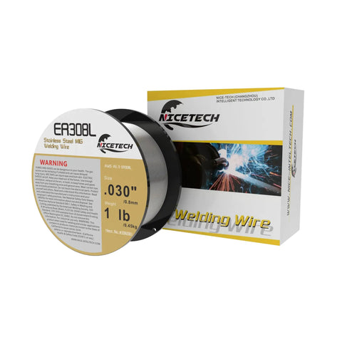 ER308L Stainless Steel MIG Welding Wire.030 Inch Diameter, 1 Pound Spool, product box and spool close-up