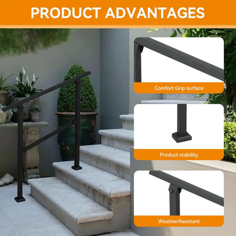 Built Like A Brick Carbon Steel Handrail For Outdoor Steps Rust Free Wrought Iron Style Stair Railing with Comfort Grip on steps.
