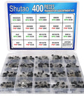 All Purpose Transistor Assortment Kit With 400 Pieces, showing organized compartments with various PNP and NPN transistors.