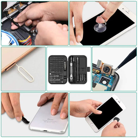 130 In 1 Magnetic Precision Screwdriver Kit With 120 Bits And 3 Extra Length Bits All In One Repair Tool Set opened, showing tools and phone repair use.