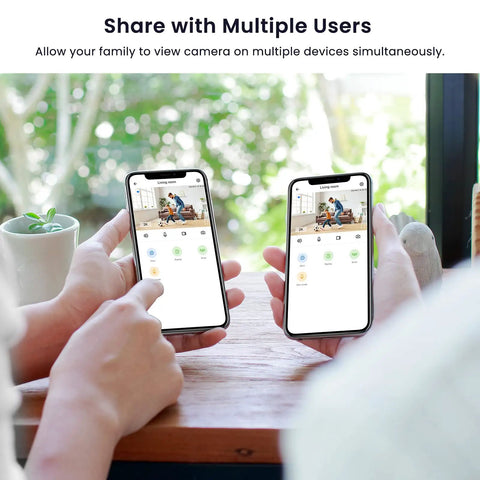 Two smartphones displaying the Indoor Home Security Camera 2K With Two Way Audio, Mobile App Control interface for remote viewing.
