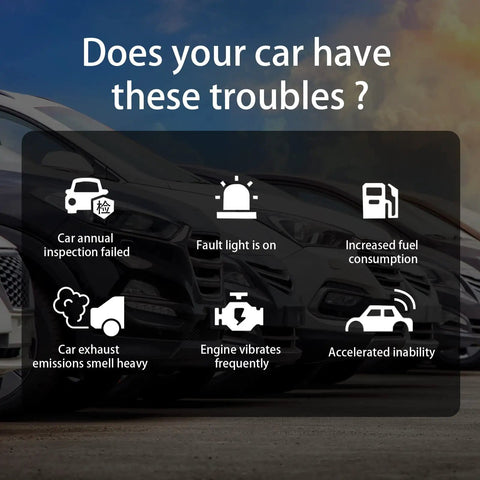 Image listing car issues like emission failures, increased fuel use, with cars in background.