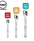 Quick Release Ratchet Wrench Set With One Quarter Inch Drive, Three Eighths Inch Drive, And One Half Inch Drive, 100 Tooth Mechanism