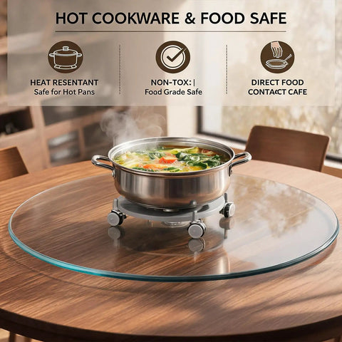 Game-Changing 7mm Tempered Glass Lazy Susan Turntable With Smooth Quiet Rotation, pot on round glass serving tray