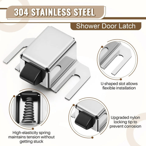 304 stainless steel shower door latch with U-shaped slot, nylon tip, and spring for easy installation and soft close.