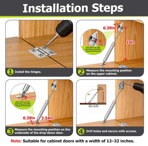 Installation steps for Drop-Down Gas Struts With No-Slam Soft Close Hinges For Cabinets And Drop-Front Desks, showing measurements.