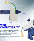 Ultra Durable Washer Door Lid Switch Replacement 8318084 showing component dimensions and compatibility with brands.