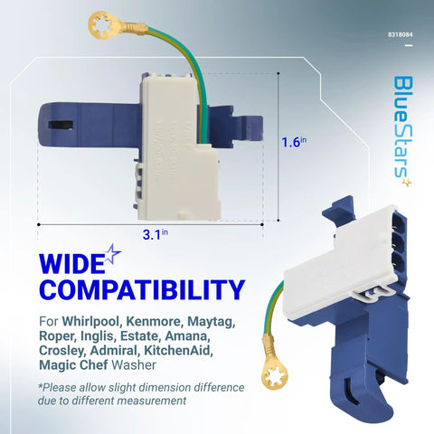 Ultra Durable Washer Door Lid Switch Replacement 8318084 showing component dimensions and compatibility with brands.