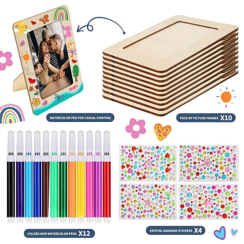 Picture Frame Painting Craft Kit For 4x6 Photos, 10 Unfinished Wooden Frames, 12 Color Pens, 4 Sheets Crystal Diamond Stickers