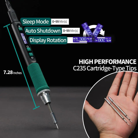 Portable Soldering Iron Pen Kit With 65W PD QC Type C Power, Rapid 5 Second Heat Up, Includes 3 Tips, shown with cartridge tips