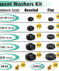 Common size chart for 158 Piece Faucet Washer Kit And Garden Hose Gasket Set For Outdoor Faucets And Hoses, Beveled And Flat Washers