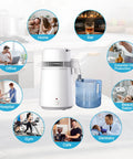 Heavy Duty Stainless Steel Countertop Water Stiller That Makes Up To Six Gallons Distilled Water Daily For Healthier Hydration Essential Oil Mixing And Plant Care With Durable Plastic Collection Container For Home Use on kitchen countertop with various settings displayed.