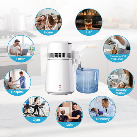 Heavy Duty Stainless Steel Countertop Water Stiller That Makes Up To Six Gallons Distilled Water Daily For Healthier Hydration Essential Oil Mixing And Plant Care With Durable Plastic Collection Container For Home Use on kitchen countertop with various settings displayed.
