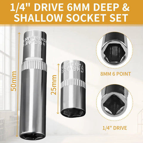 Two-Piece Quarter Inch Drive 8mm Deep And Shallow Socket Set with 6-Point CR-V Metric Impact Sockets, chrome finish shown