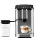 Top Shelf Automatic Espresso Machine With Built In Grinder And Rapid Milk Frother brewing a creamy latte in a glass mug.