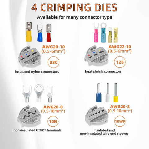 Five In One Ratchet Wire Crimping Tool Kit With Quick Change Jaws showing four crimping dies and various connectors.