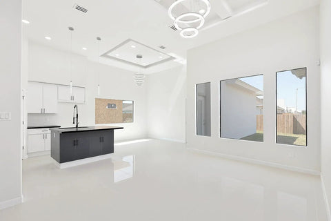 Spacious modern kitchen with pendant lights, featuring a ceiling 16x12 Sleek Modern AC Vent Cover White Decorative Air Vent With Linear Slot Diffuser, Register Grille For Ceiling, Walls And Floors, Easy Install For Homes And Offices.