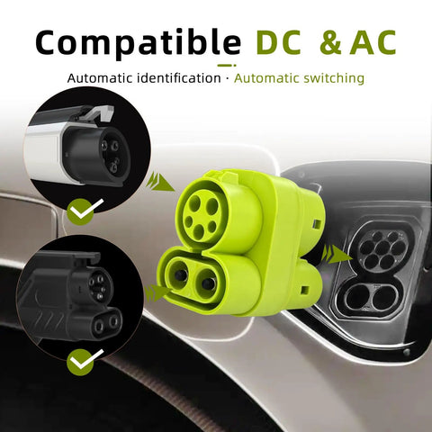 Road Ready Ccs1 To Ccs2 Active Adapter For Euro Electric Cars SAE J1772 To IEC62196 Type 1 To Type 2 DC Charging Connector image showing green connector, compatible with DC and AC.
